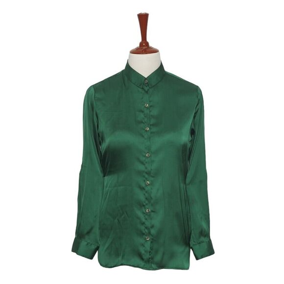 Womens Silk Shirt Button Up Green Lightweight Dress Casual Summer Top Medium - Picture 1 of 7
